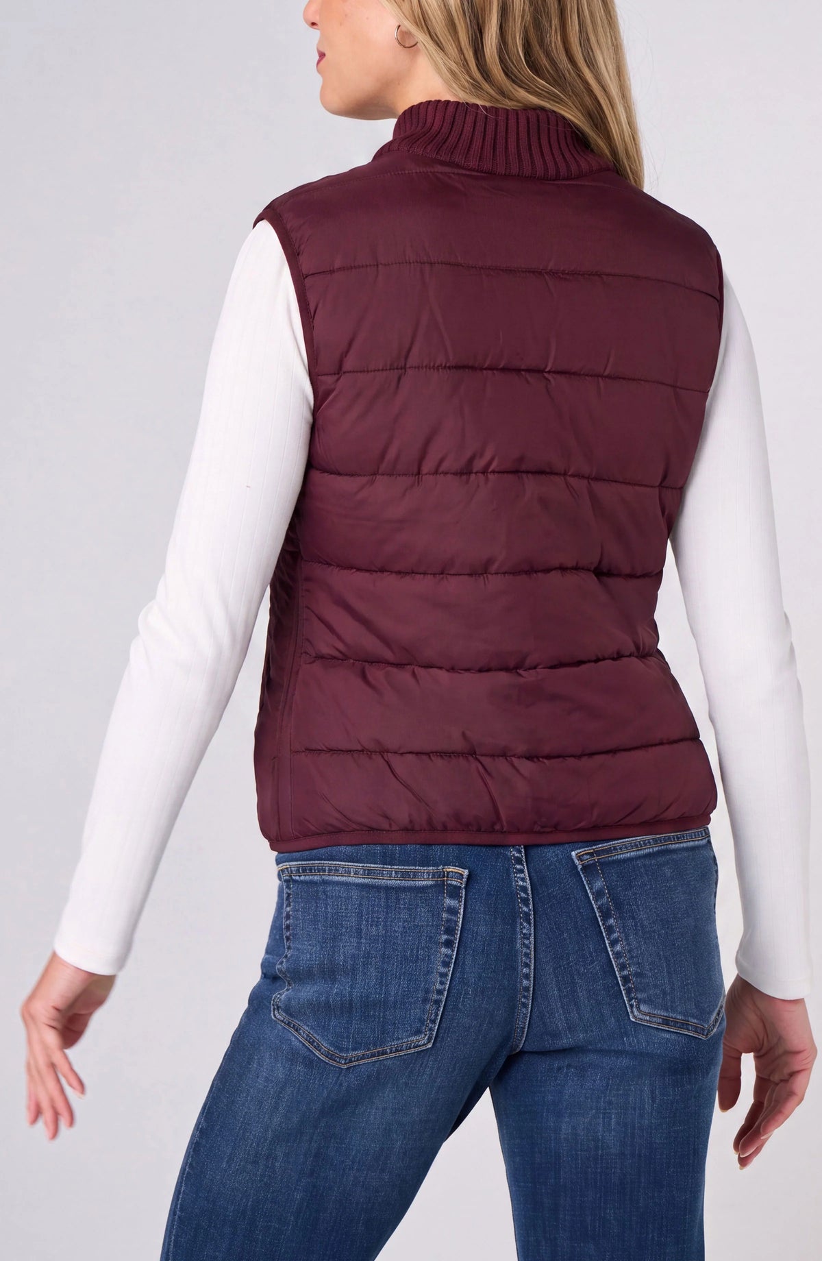 Reversible Zip-Front Quilted Sweater Vest in Dark Oxblood, quilted puffer side, back view