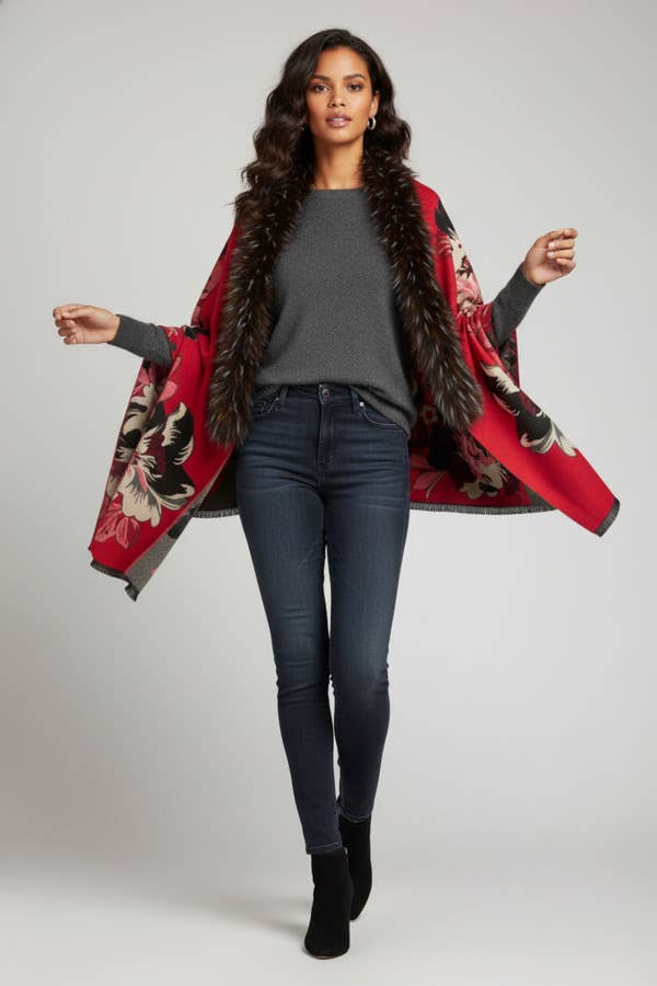 Red floral reversible scarf with faux fur collar worn as a wrap