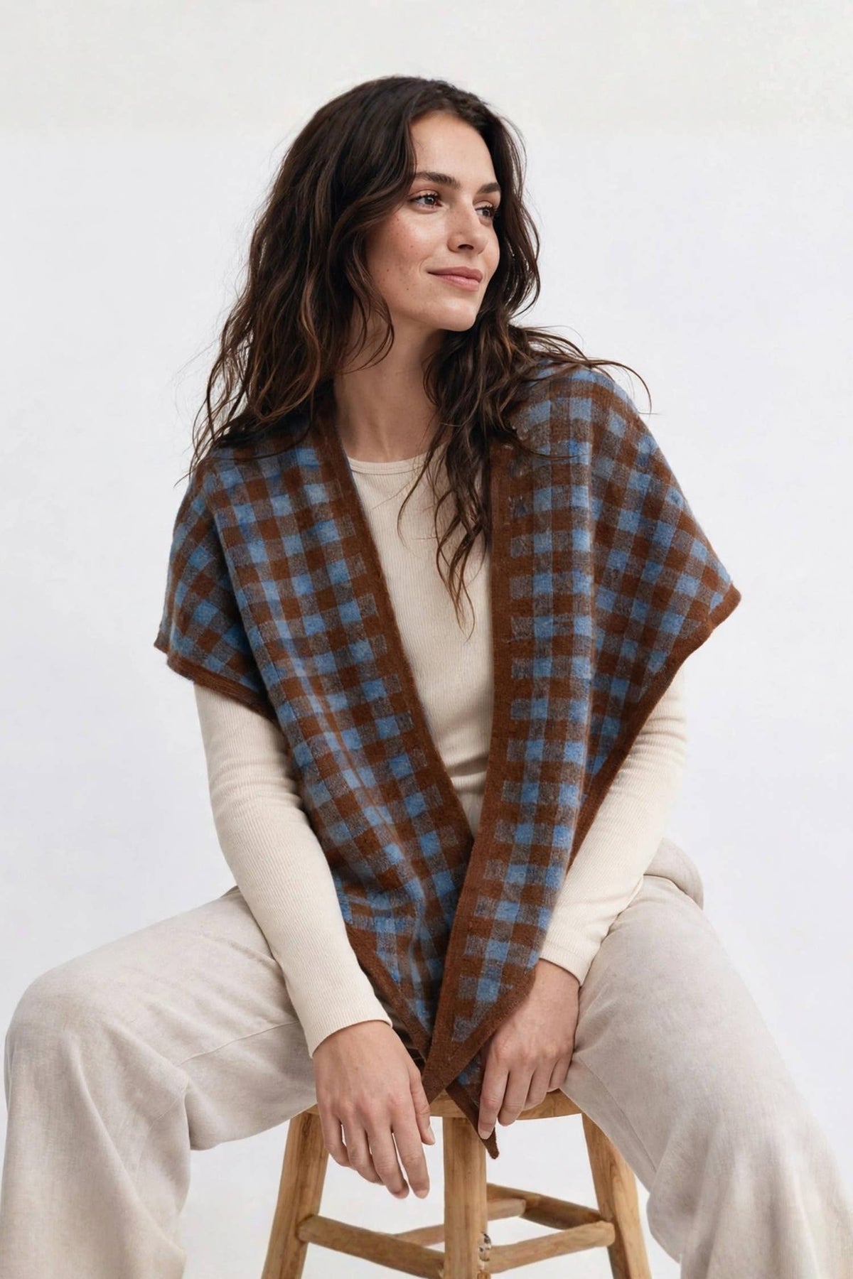 Sea blue gingham knit triangle wrap