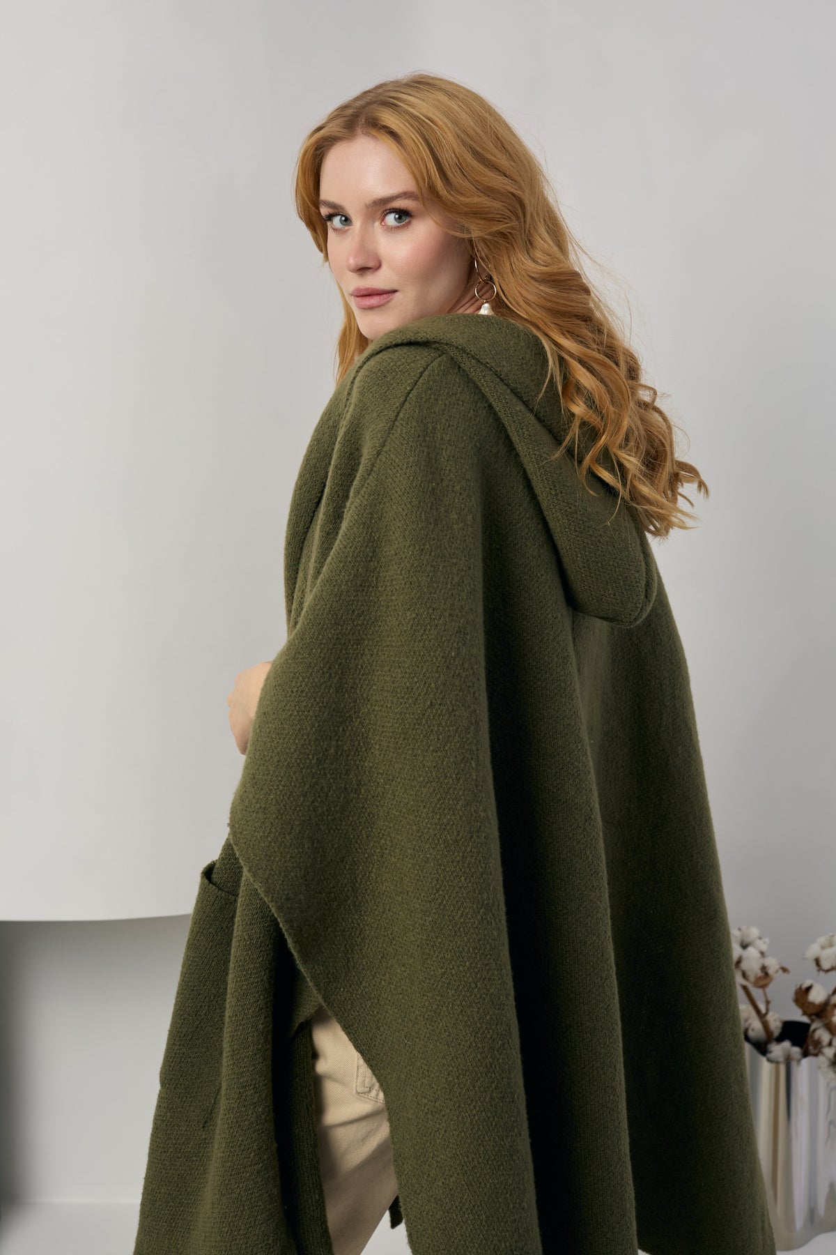 Back view of the olive hooded kimono