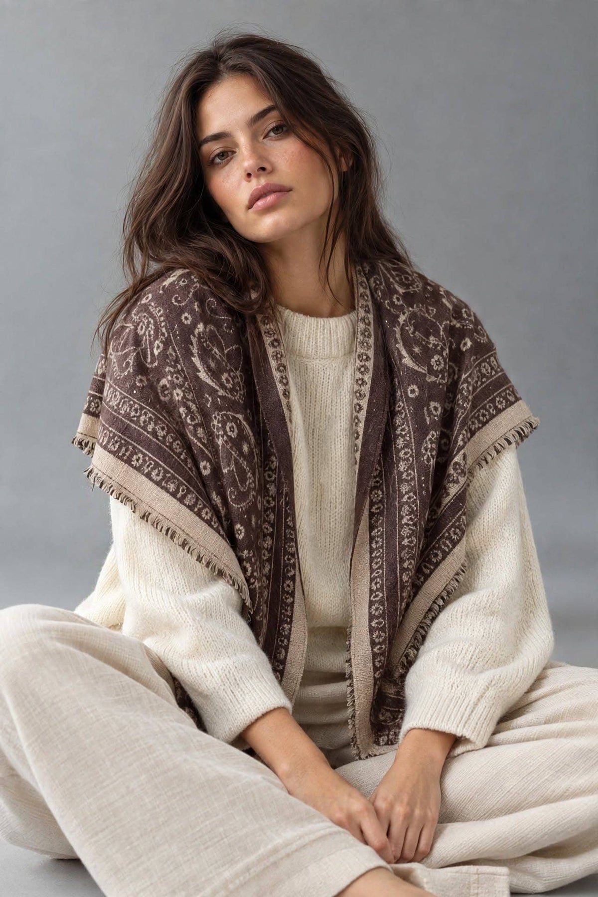 Woman wearing the navy paisley fringe scarf