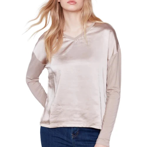 Satin and Jersey V-Neck Knit Top in Almond – Front View
