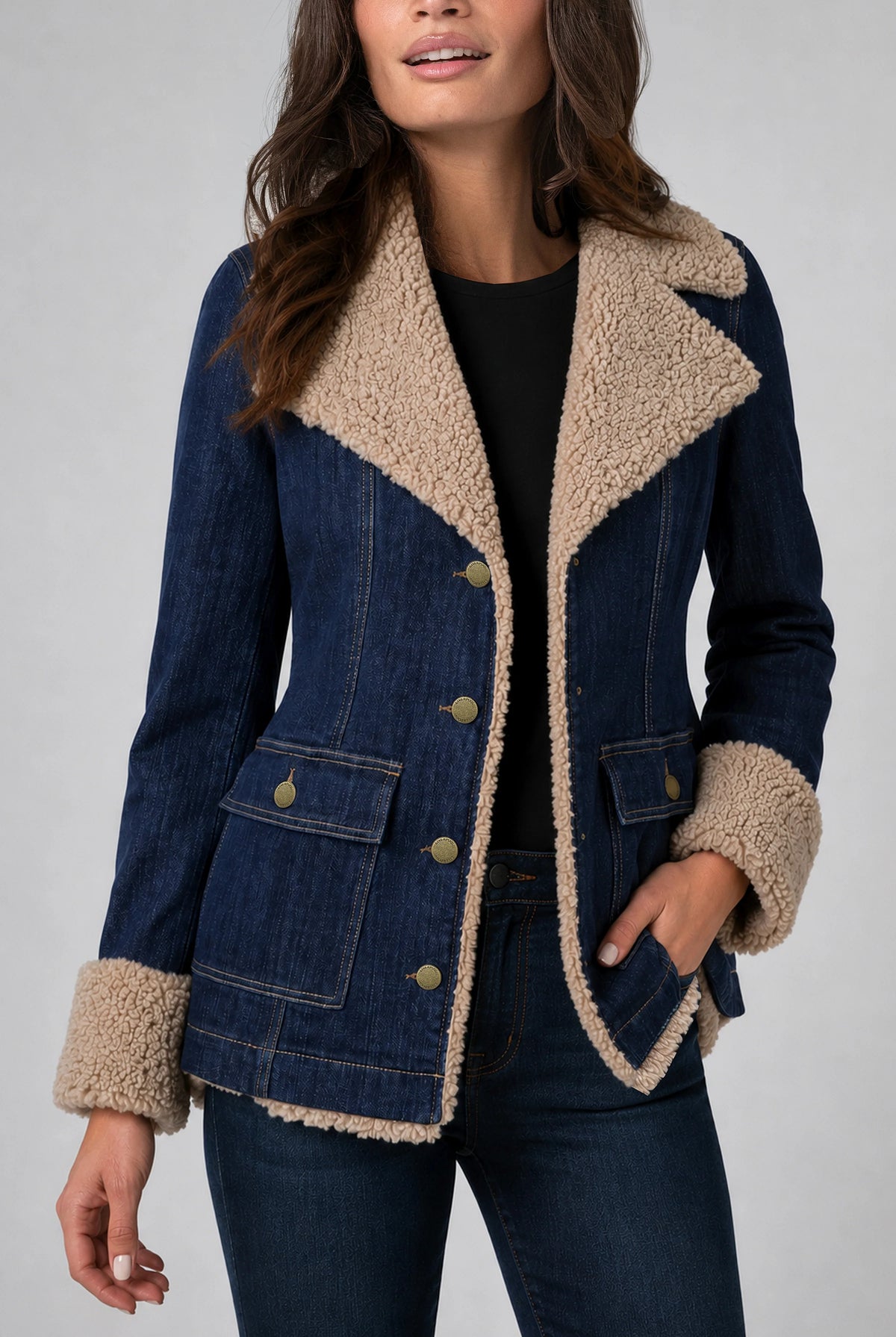 Sherpa Trimmed Notch Collar Jacket in Rinse Wash Denim, front view showing sherpa collar and cuffs