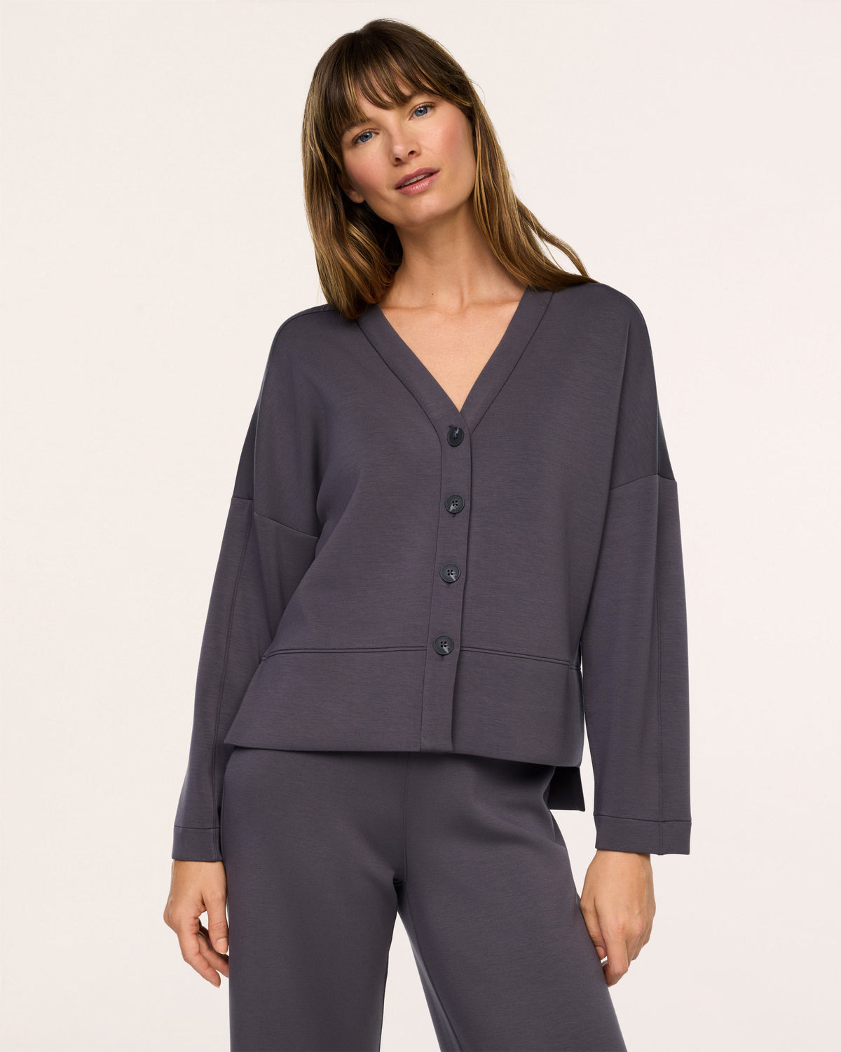 SPANX AirEssentials Cardigan in Dark Slate gray, front view of the V-neck button-front relaxed fit