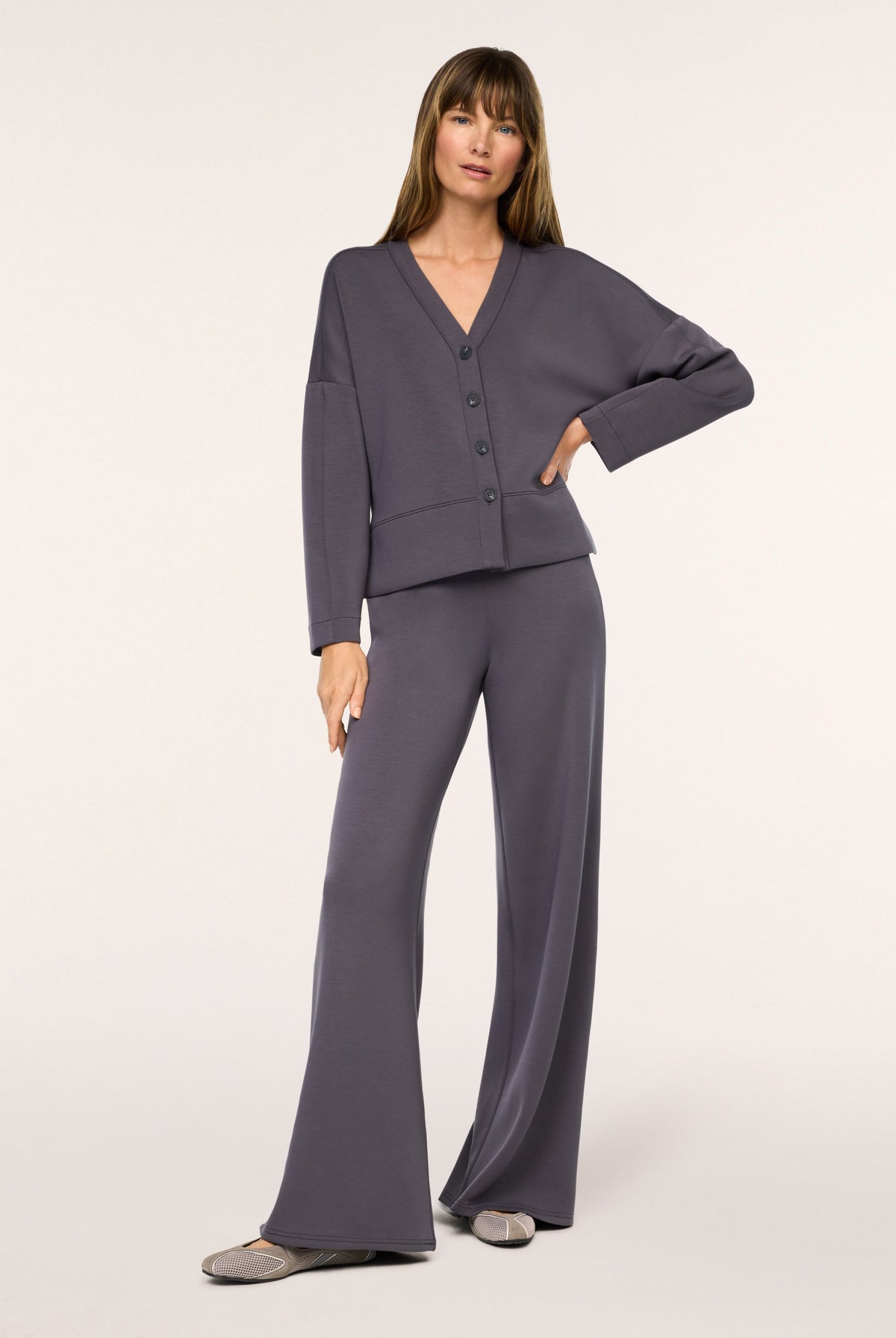SPANX AirEssentials Cardigan in Dark Slate gray, full-length view styled with matching wide leg pants