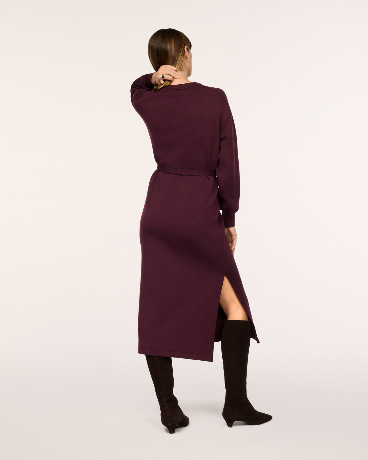 SPANX AirEssentials Long Sleeve Tie-Waist Maxi Dress in Fig Noir Heather plum, back view showing the side slit