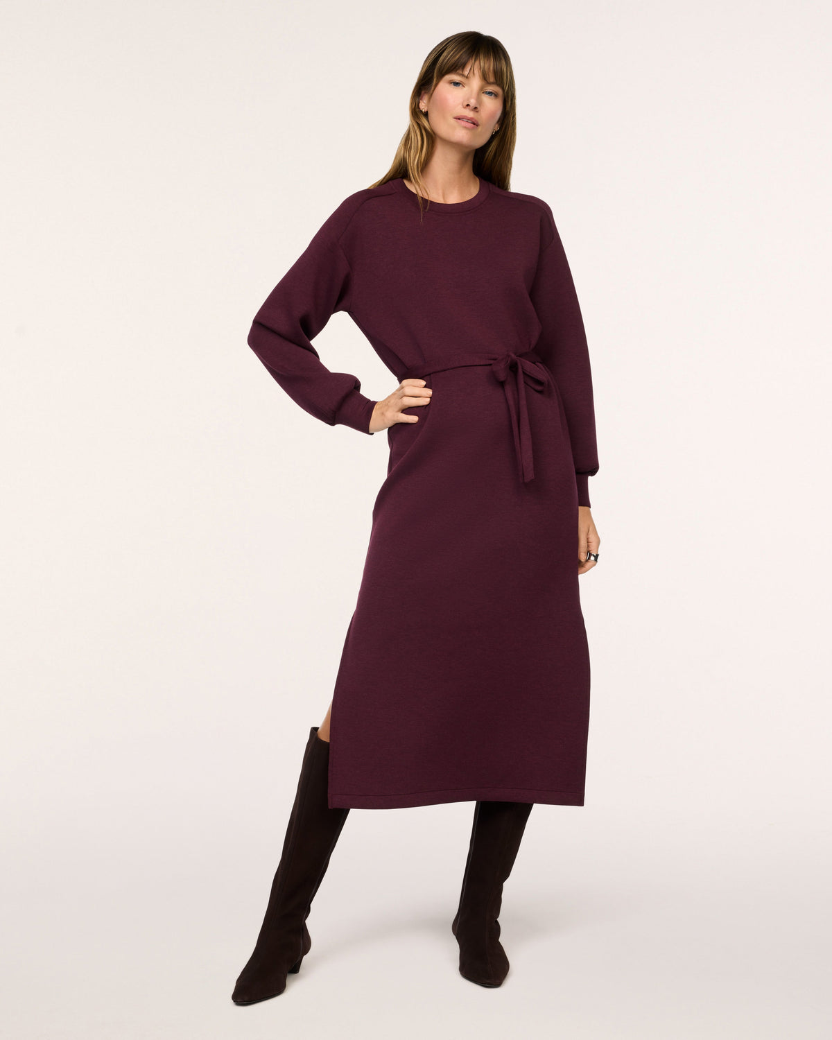 SPANX AirEssentials Long Sleeve Tie-Waist Maxi Dress in Fig Noir Heather plum, front view belted and styled with tall boots