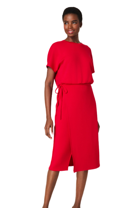 Spanx AirEssentials Midi Wrap Dress in red, crew-neck short-sleeve wrap midi with tie waist, front view