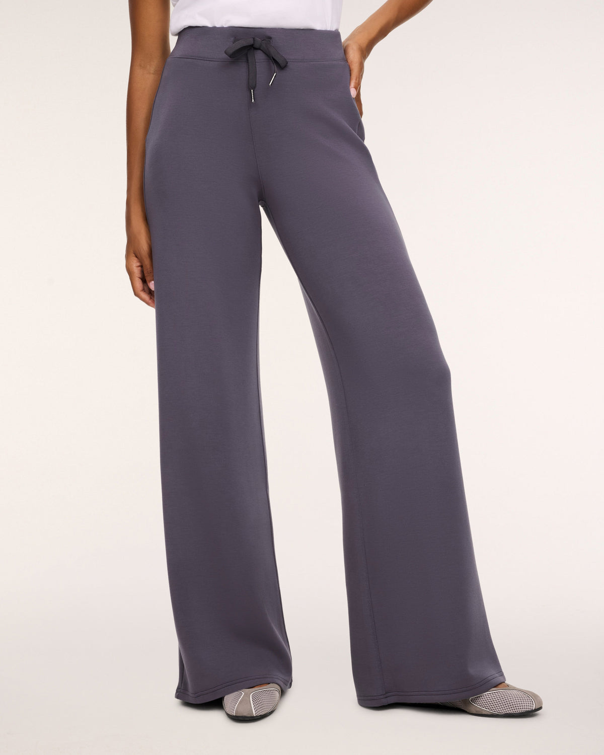 SPANX AirEssentials Wide Leg Pant in Dark Slate gray, front view of the high-rise drawstring waist and wide leg
