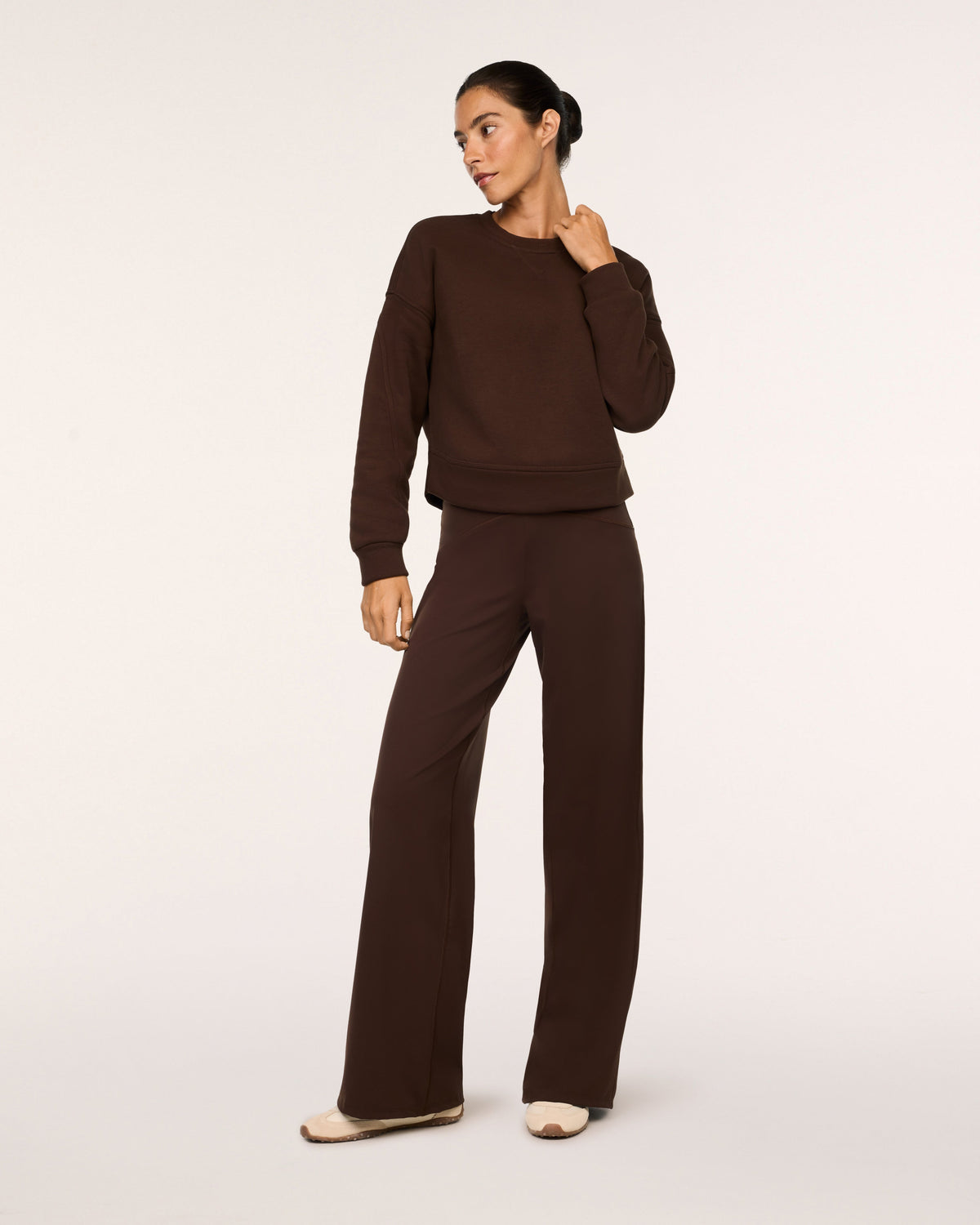 SPANX Cotton Fleece Crewneck in Umber Root brown, full-length view styled with matching wide leg pants