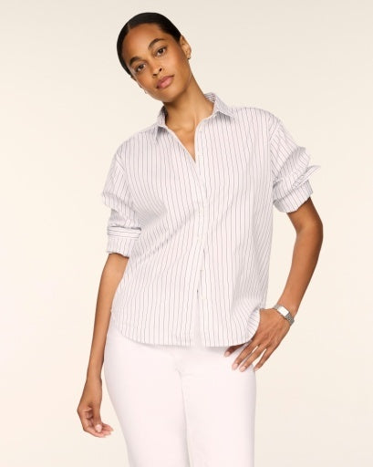 SPANX Poplin Oversized Button-Up Shirt in Dusk Daydream and white stripe, front view with rolled sleeves