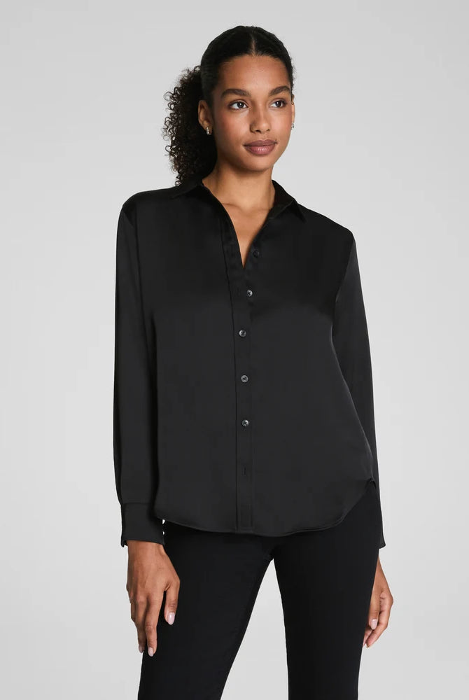 SPANX Silky Smooth Button Down in Classic Black with black pants, traditional collar and button front, front view