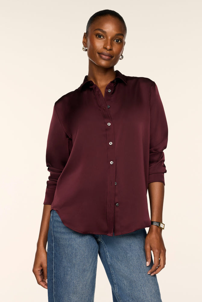 SPANX Silky Smooth Button Down in Fig Noir deep wine, tucked into straight leg jeans, front view