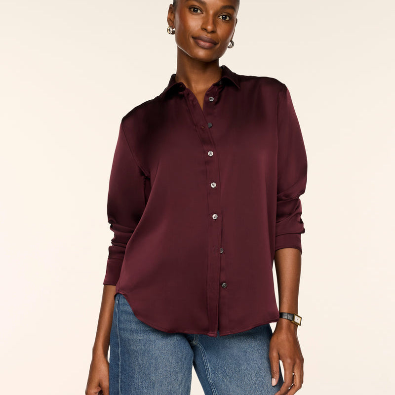 SPANX Silky Smooth Button Down in Fig Noir deep wine, tucked into straight leg jeans, front view