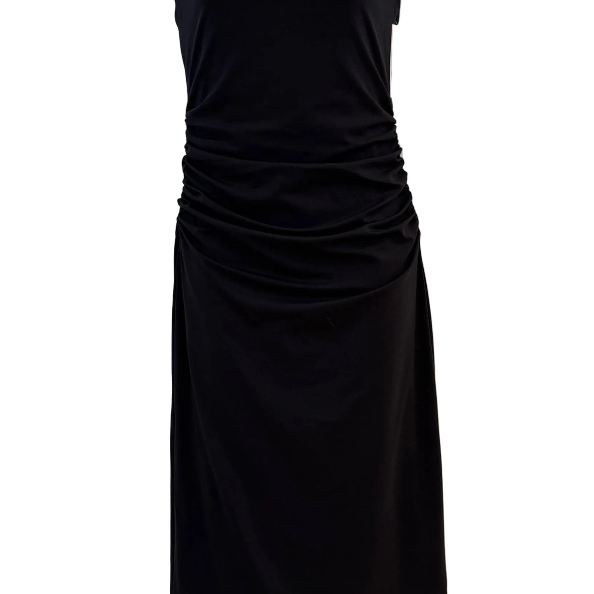 Spanx Spanxsmooth Jersey Ruched Midi Dress in black, fitted midi with ruched sides, front view on mannequin