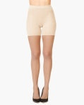 SPANXshape Mid-Thigh Sheers in Bisque, front view on model showing the sheer leg and mid-thigh shaper