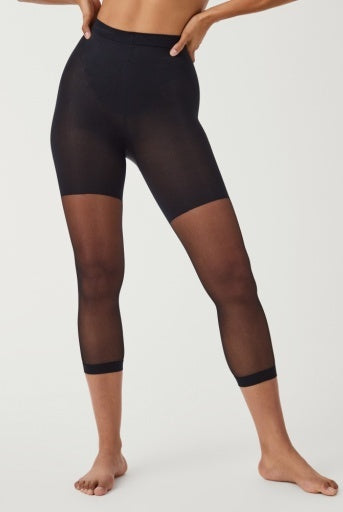 SPANXshape Original Footless Sheers in Black, full-length front view with footless capri leg