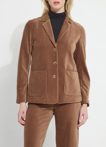 Tilda St Baby Cord Blazer in Antique Toffee, front view showing notch lapel and patch pockets