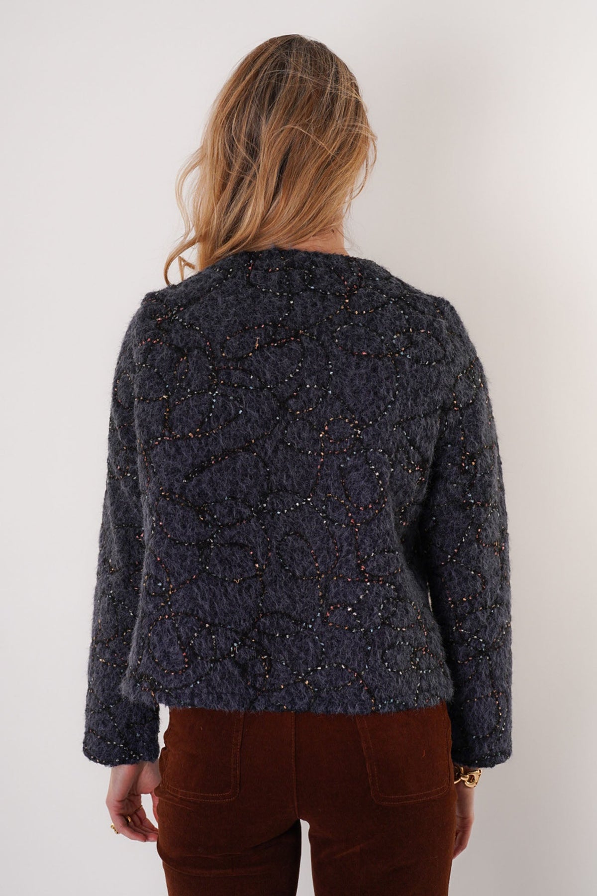 Trisha Tyler Felted Button Front Collarless Coat in navy and black, back view