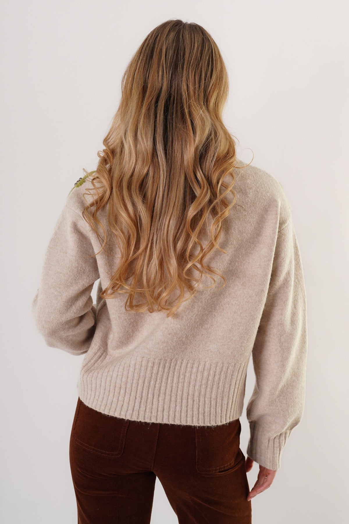 Trisha Tyler Floral Embroidered Crewneck in ivory, back view