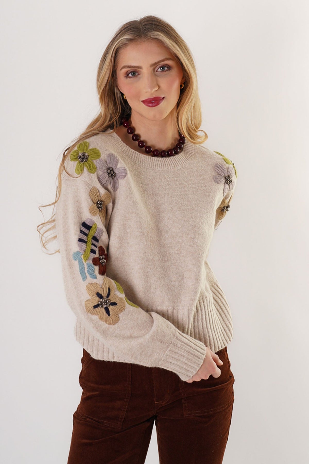 Trisha Tyler Floral Embroidered Crewneck in ivory, front view