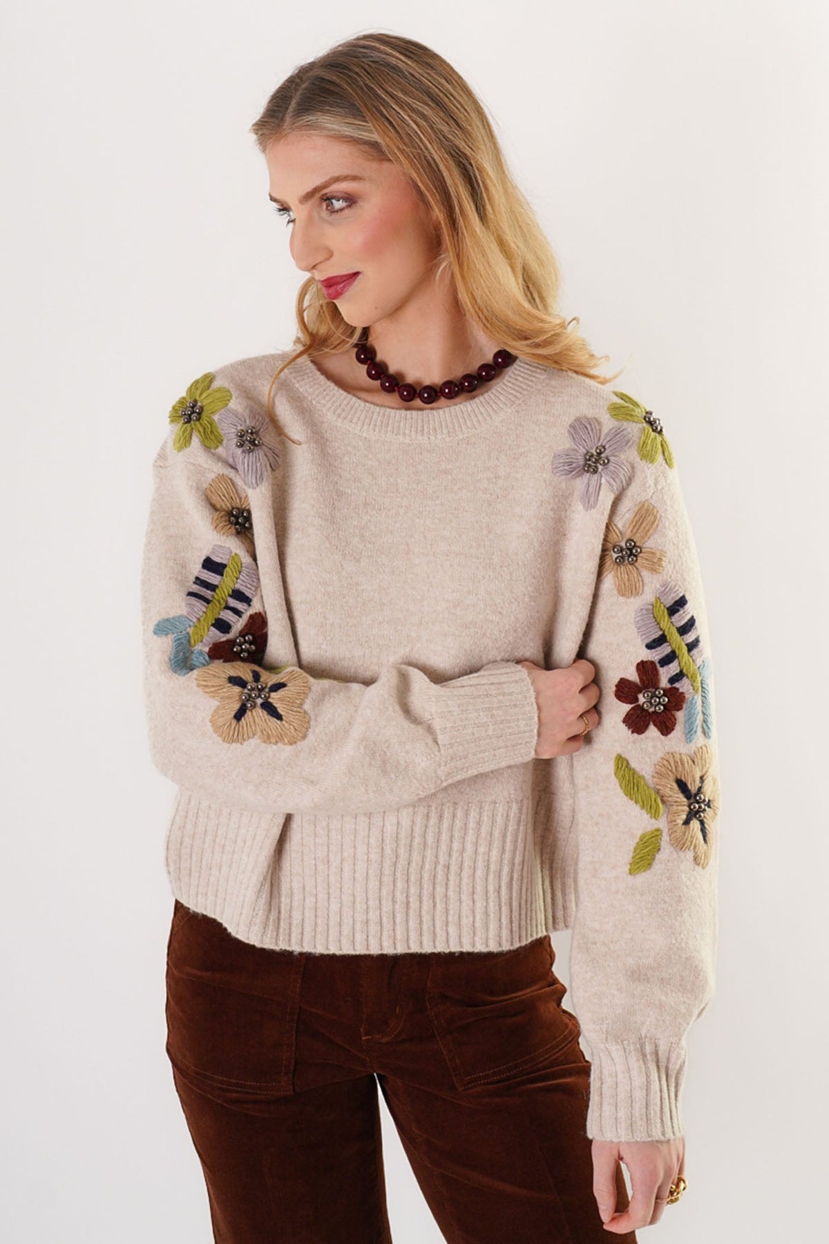 Trisha Tyler Floral Embroidered Crewneck in ivory, side view