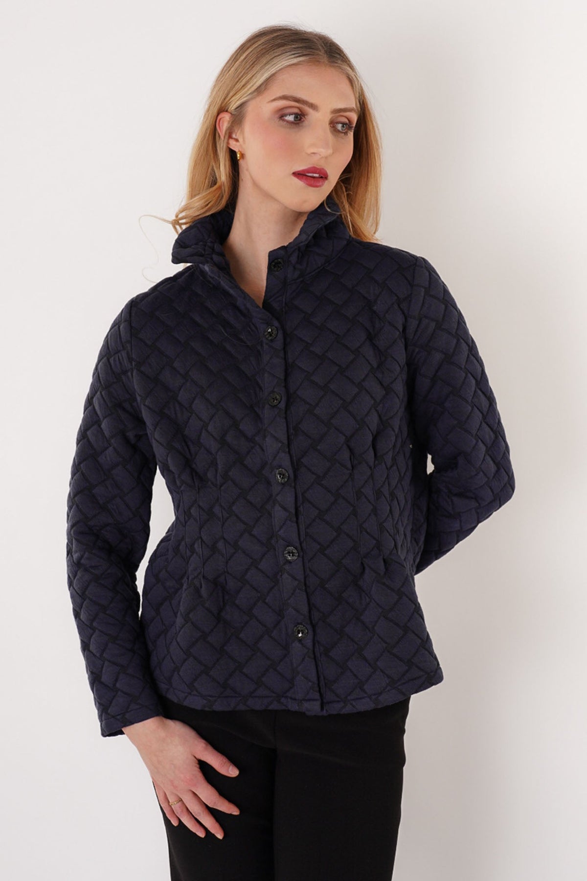 Trisha Tyler Quilted Button Down Jacket in navy, front alternate view