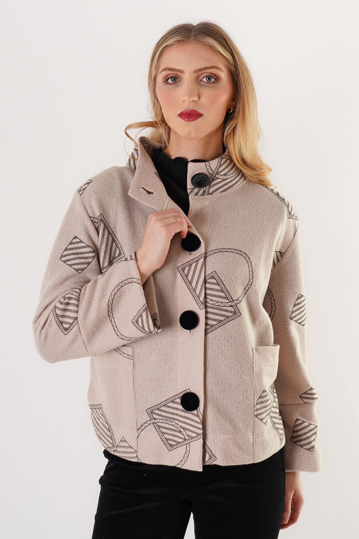 Trisha Tyler Velvet Button Coat in ecru, front view