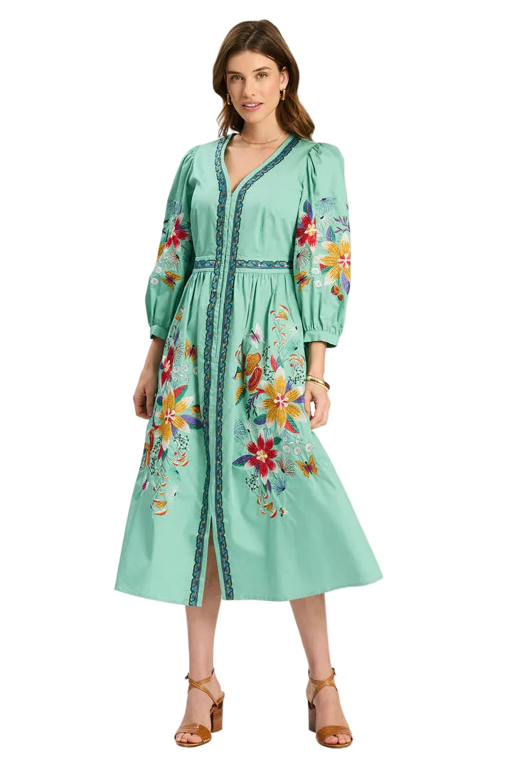 Tyler Böe Bailey Cotton Appliqué Dress in mint green with colorful floral and butterfly appliqué, V-neck midi, front view