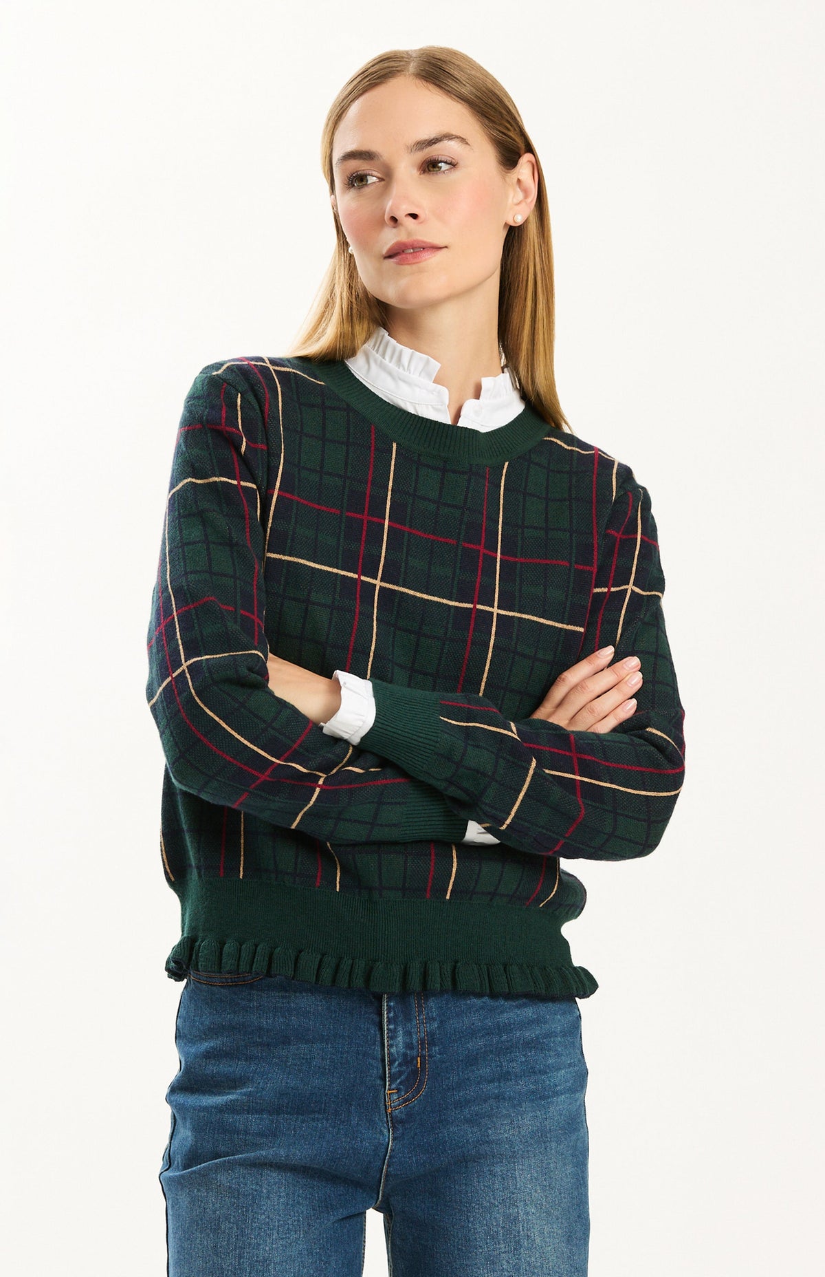 Tyler Böe Hailey Novelty Ruffle Sweater in Ponderosa Pine plaid with ruffle hem, worn with jeans