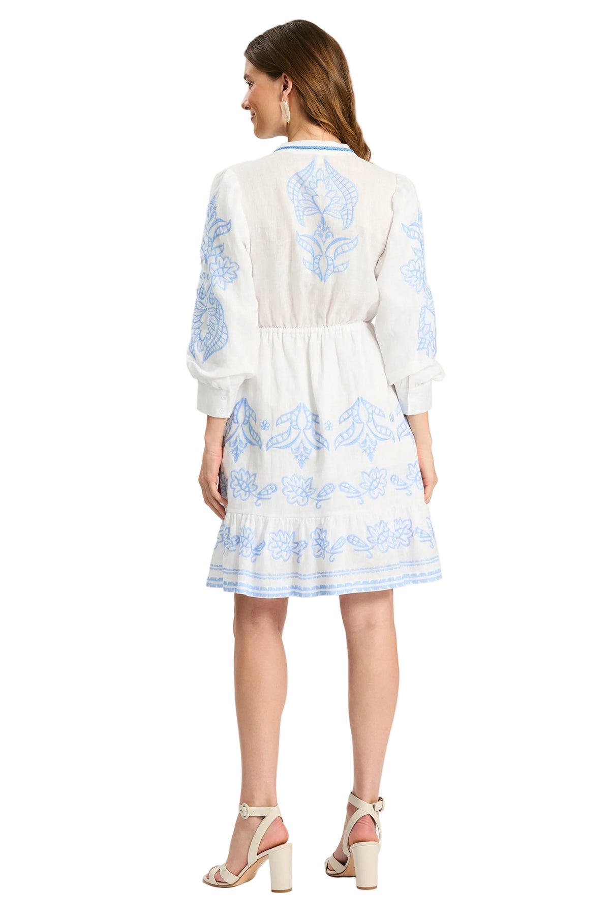 Tyler Böe Rona Linen Embroidered Dress in white with blue embroidery, long sleeves and tiered skirt, back view