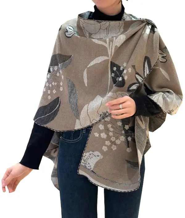 Winding River Garden Reversible Short Loop Wrap in warm taupe with charcoal and ivory leaf and dot print, worn over a black top and jeans