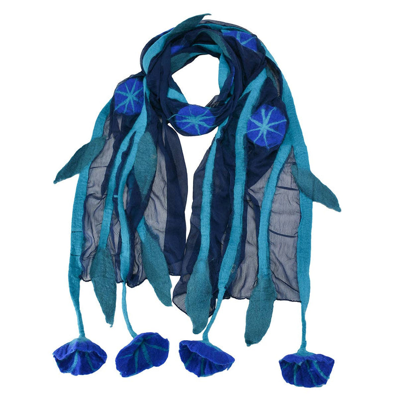 Blue Chiffon Scarves with Felted Flower Hanging