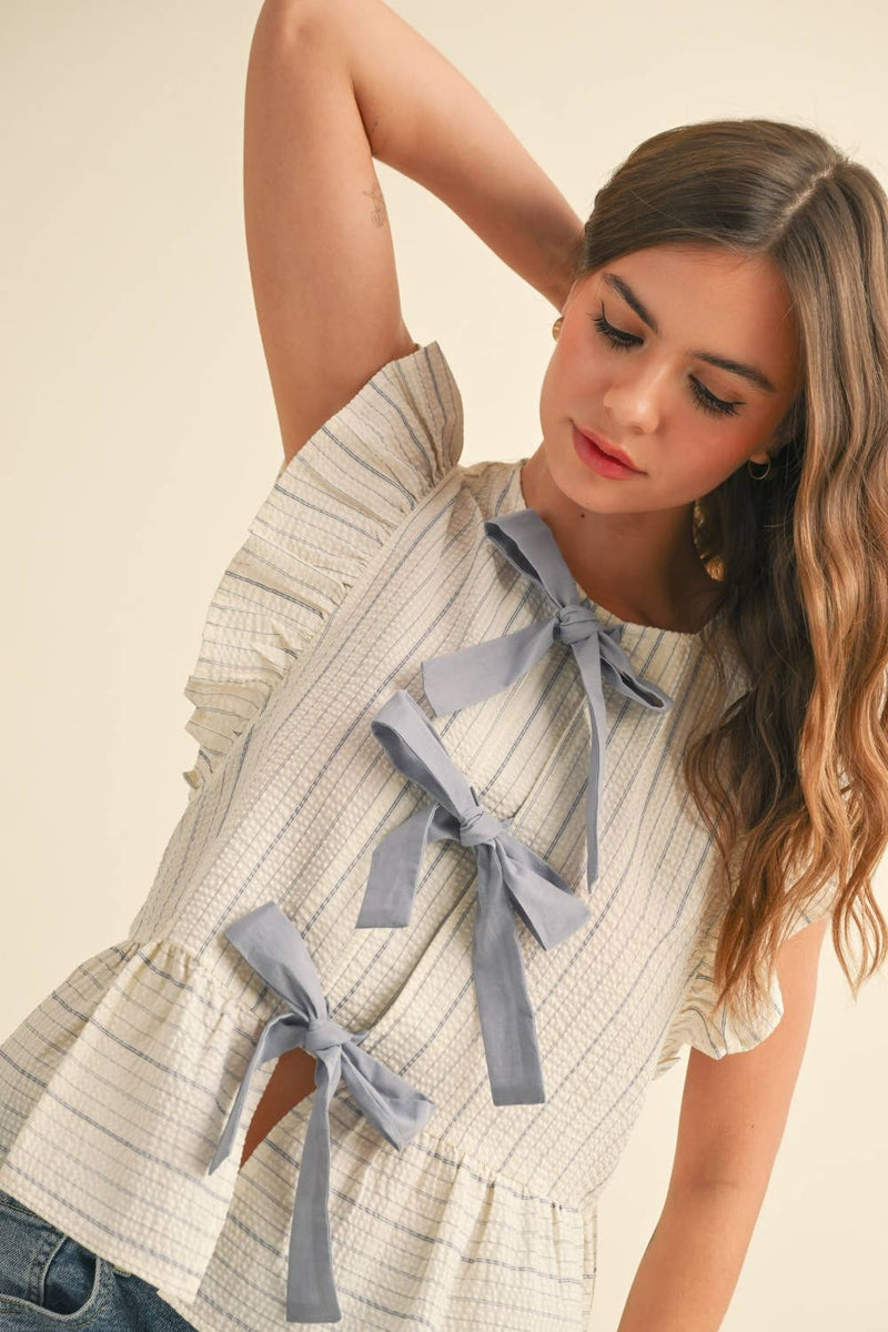 Striped w/ Tie Front Ruffle Blouse