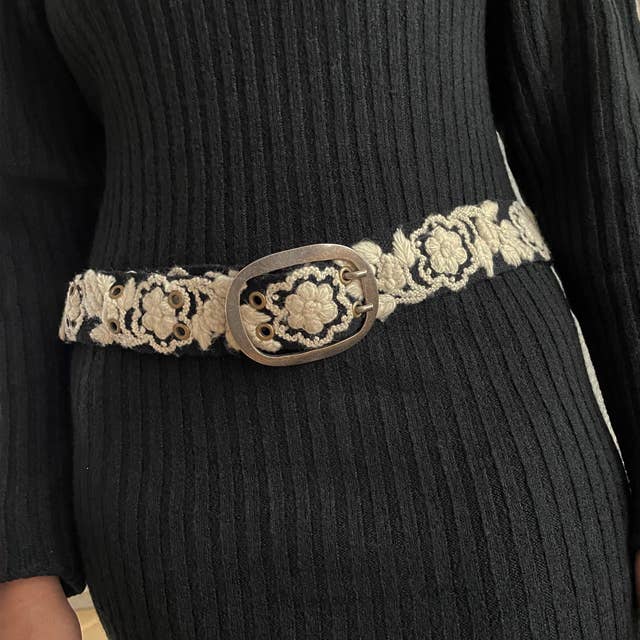 Two-Tone Embroidered Wool Belt Black/Cream