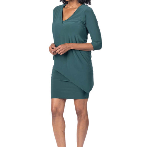 3/4 Sleeve Versatile Tunic Dress in Forest Green, front view