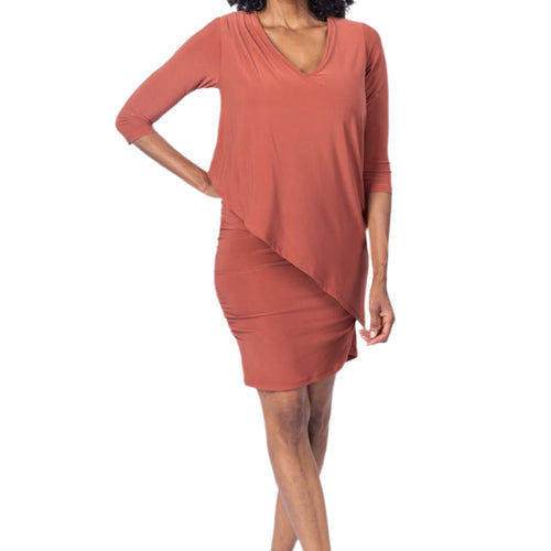 3/4 Sleeve Versatile Tunic Dress in Rust, front view