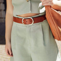 Gold Oval Buckle Leather Belt