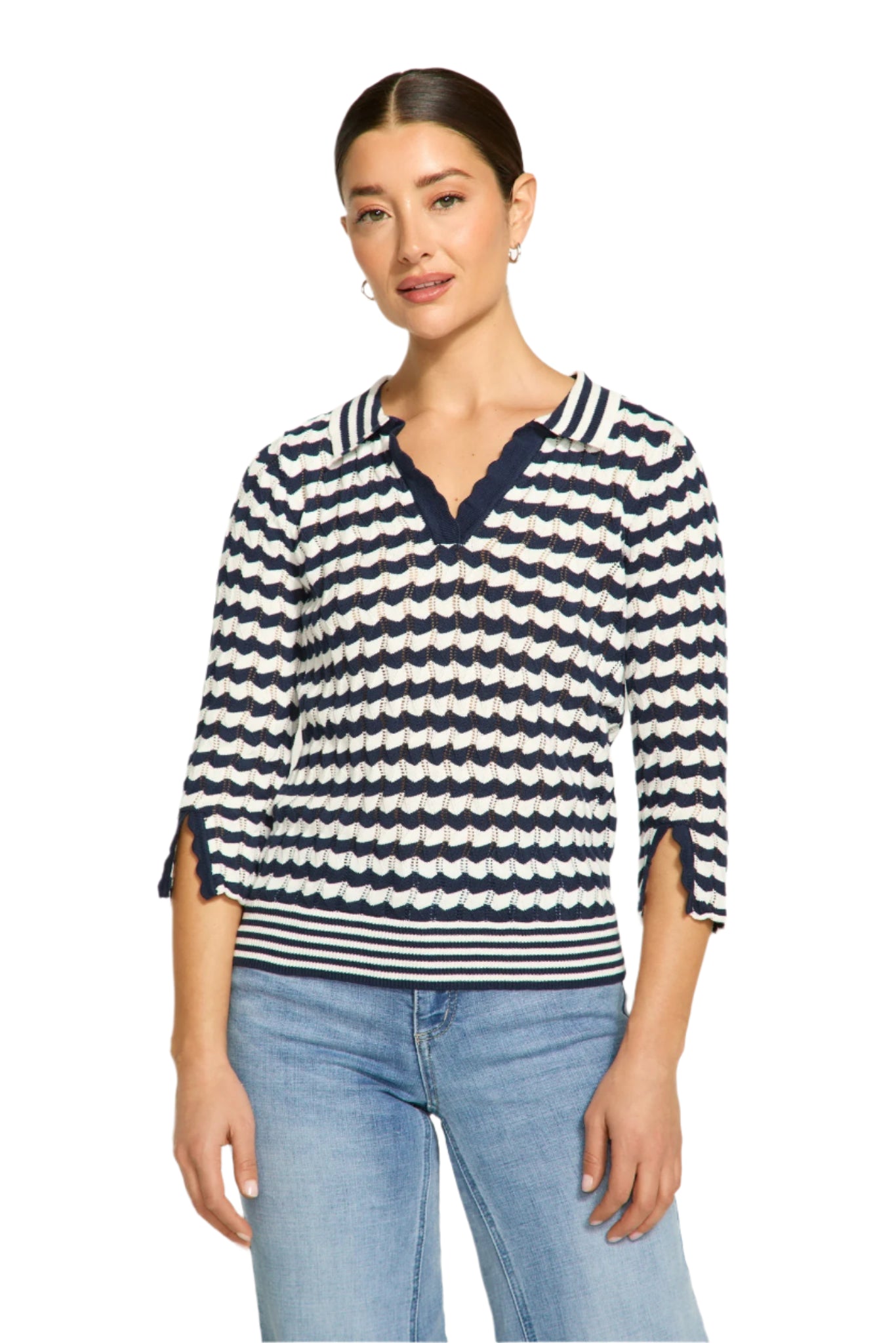 3/4 Sleeve Polo Sweater – Navy Stripe Front – Ella Where She Shops
