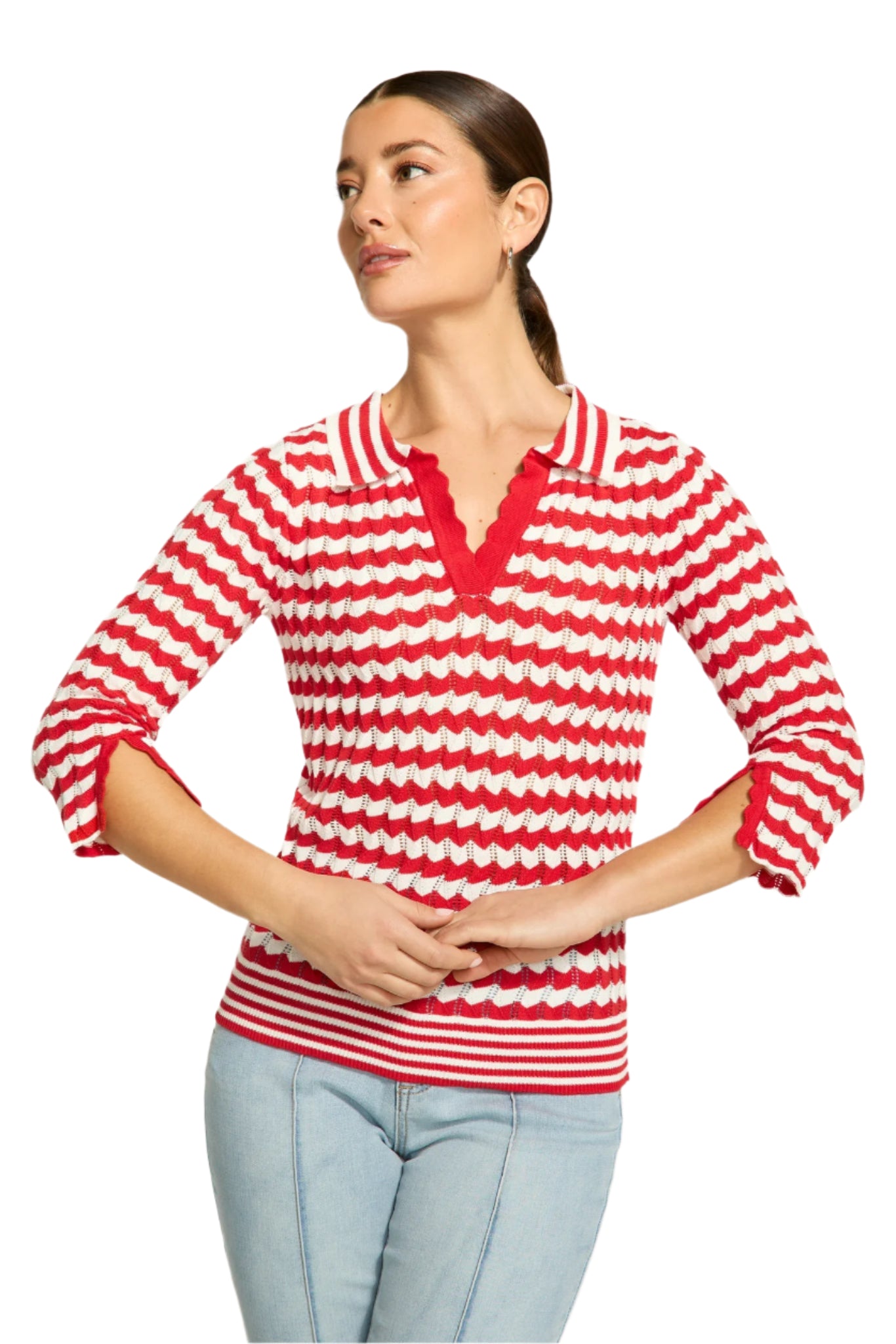 3/4 Sleeve Polo Sweater – Red Stripe Front – Ella Where She Shops