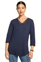 3/4 Sleeve V-Neck Top – Navy Front – Ella Where She Shops