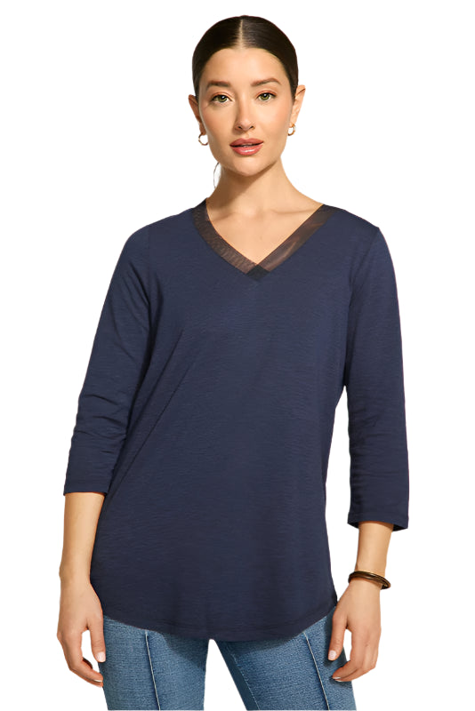 3/4 Sleeve V-Neck Top – Navy Front – Ella Where She Shops