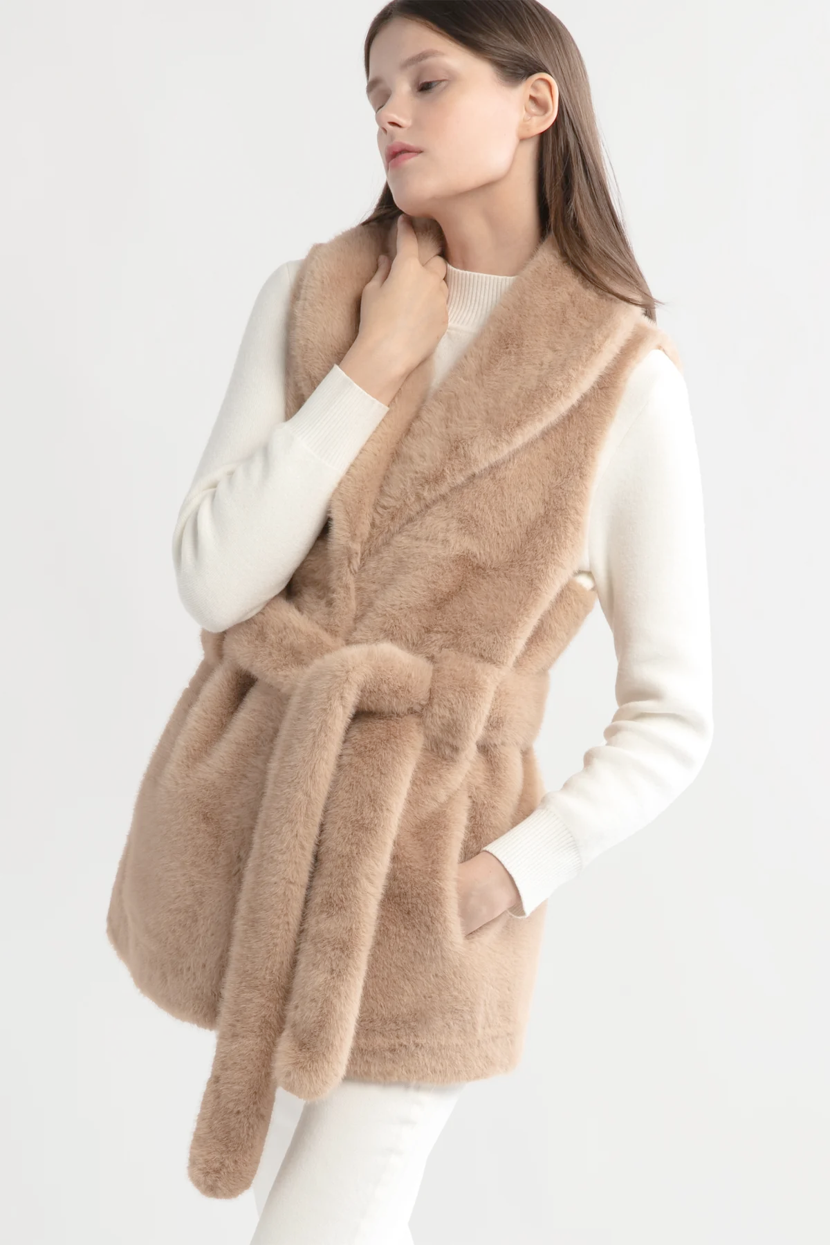 Belted Aspen Faux Fur Vest with Pockets