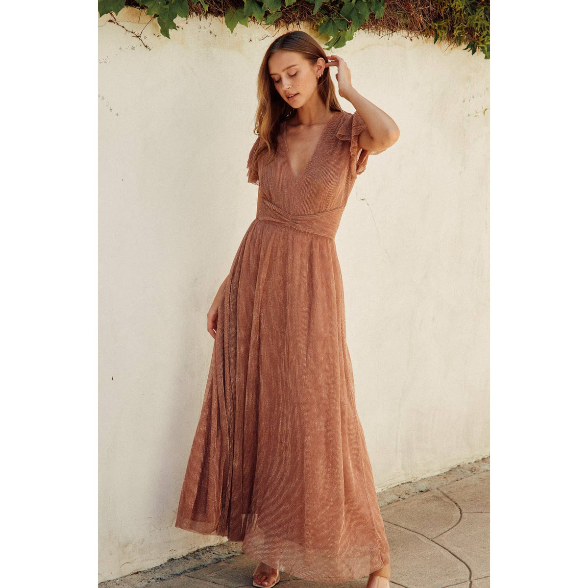 Pleats And Thank You Flutter Sleeve Maxi Dress