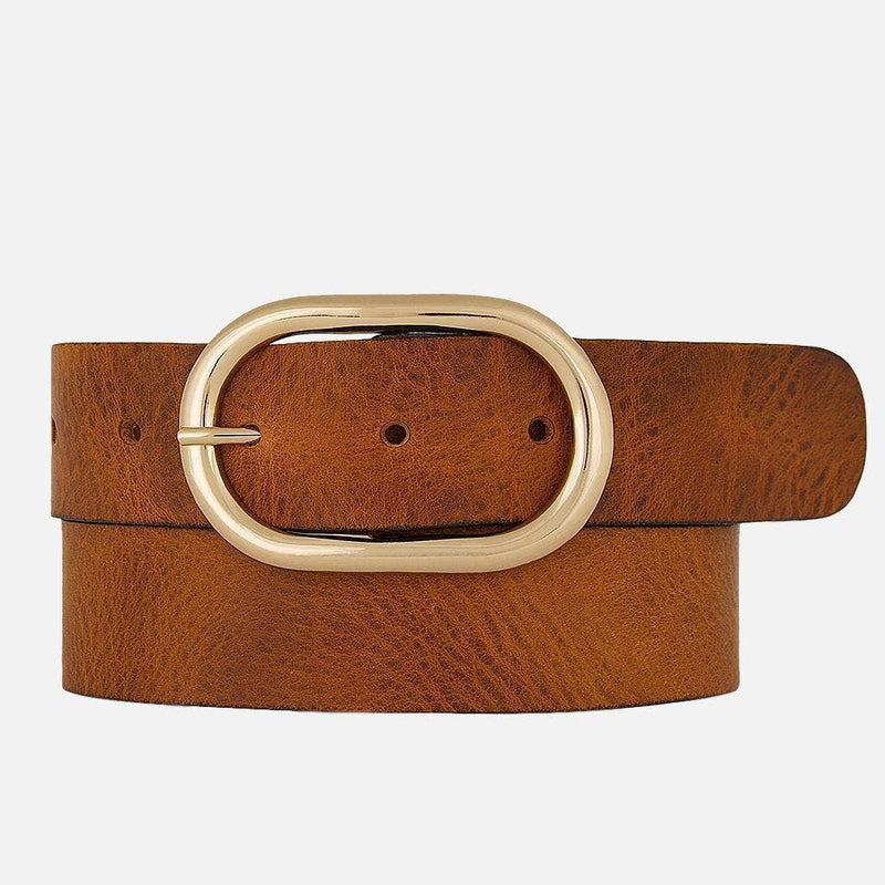 Gold Oval Buckle Leather Belt