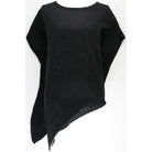 A black long-sleeve top with a scoop neckline and an asymmetrical draped hem, featuring subtle multicolor glitter flecks, displayed on a white background.