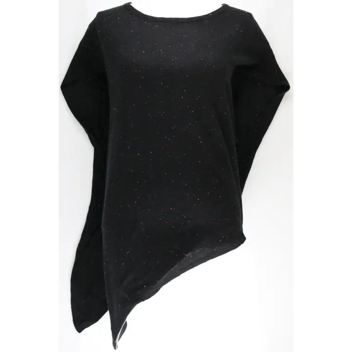 A black long-sleeve top with a scoop neckline and an asymmetrical draped hem, featuring subtle multicolor glitter flecks, displayed on a white background.