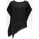 A black long-sleeve top with a scoop neckline and an asymmetrical draped hem, featuring subtle multicolor glitter flecks, displayed on a white background.