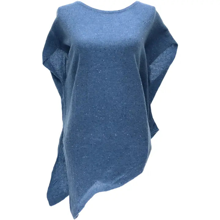 A blue knit poncho-style top with a scoop neckline and an asymmetrical draped hem, shown against a plain white background.
