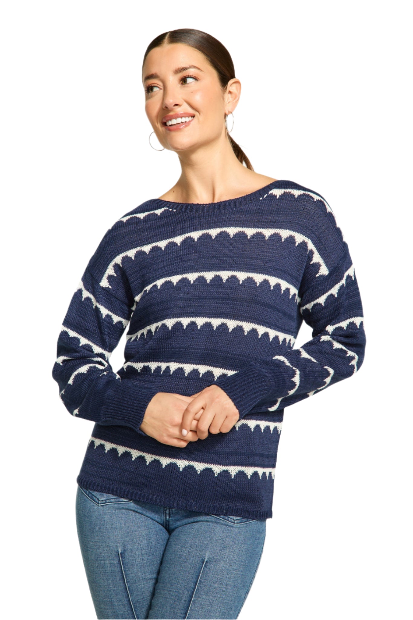 Boat Neck Scallop Stripe Sweater – Front – Ella Where She Shops